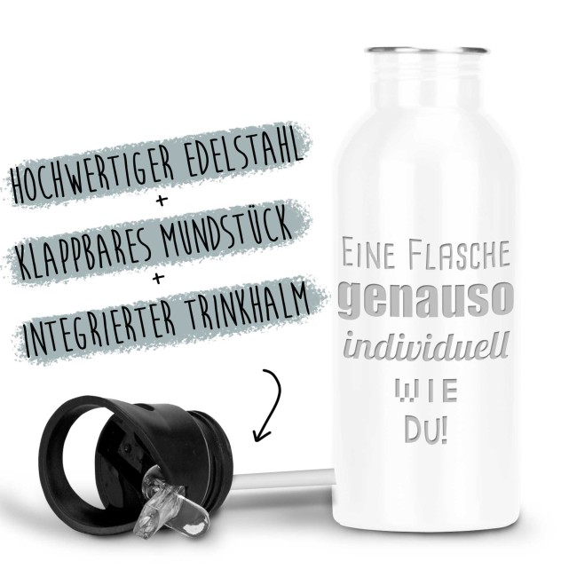Edelstahl-Trinkflasche mit Text-Gravur - wei&szlig; - 400 ml