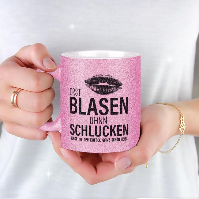 Glitzertasse - Erst blasen dann schlucken - Rosa