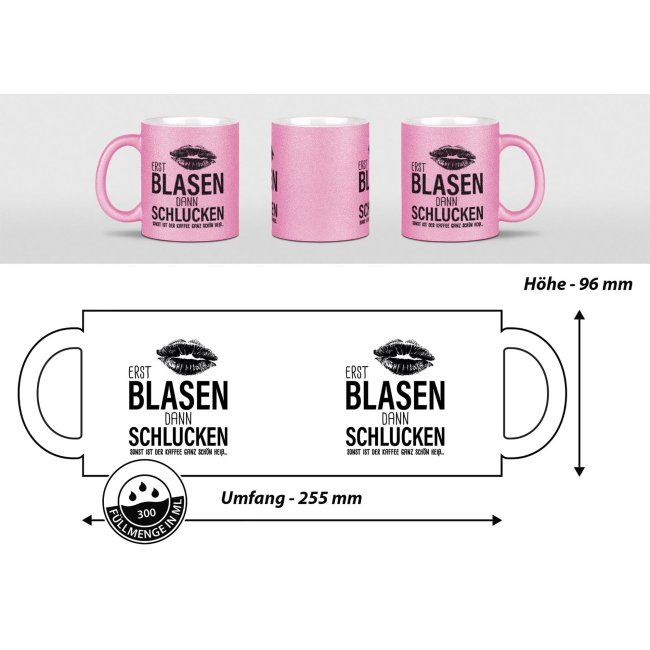 Glitzertasse - Erst blasen dann schlucken - Rosa