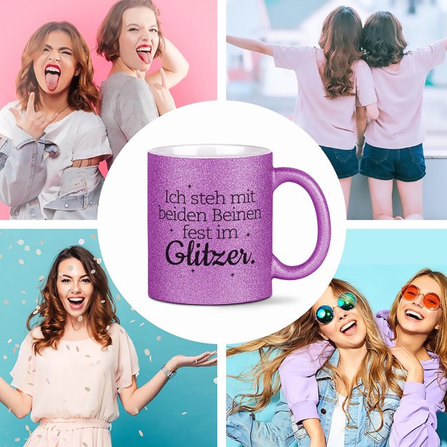 Glitzertasse - Ich stehe mit beiden Beinen fest im Glitzer - Lila