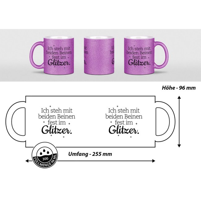 Glitzertasse - Ich stehe mit beiden Beinen fest im Glitzer - Lila