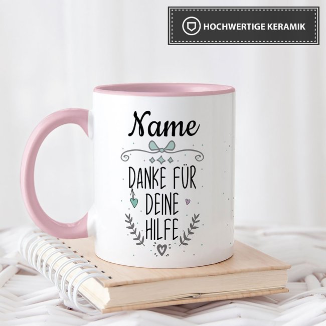 Tasse - Danke f&uuml;r deine Hilfe - mit Name personalisierbar - Innen &amp; Henkel Rosa