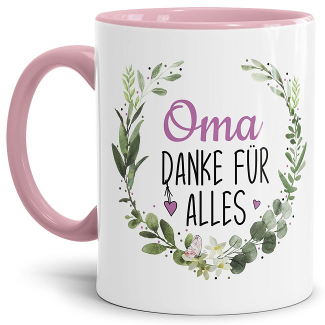 Tasse mit Spruch - Danke f&uuml;r alles Oma - Innen &amp; Henkel Rosa