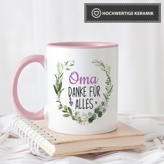 Tasse mit Spruch - Danke f&uuml;r alles Oma - Innen &amp; Henkel Rosa