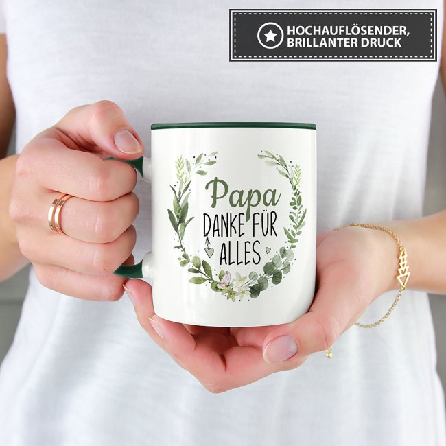 Tasse mit Spruch - Danke f&uuml;r alles Papa - Innen &amp; Henkel Dunkelgr&uuml;n