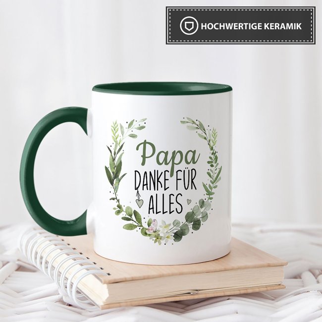 Tasse mit Spruch - Danke f&uuml;r alles Papa - Innen &amp; Henkel Dunkelgr&uuml;n