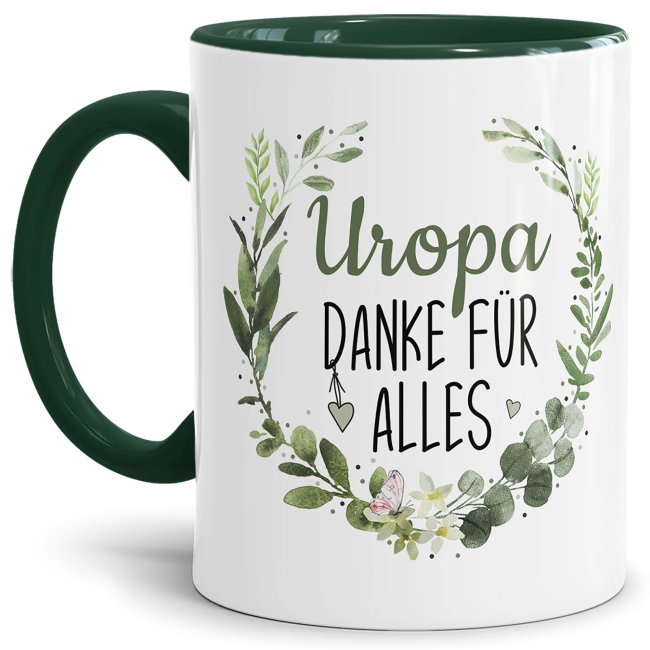 Tasse mit Spruch - Danke f&uuml;r alles Uropa - Innen &amp; Henkel Dunkelgr&uuml;n