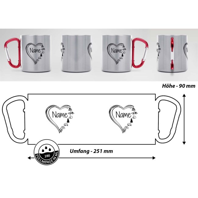 Karabiner Tasse - mit Herz-Motiv - mit Name personalisieren