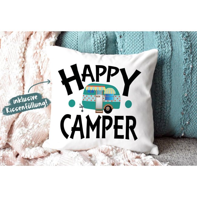 Camping Kissen - Happy Camper - Wei&szlig;