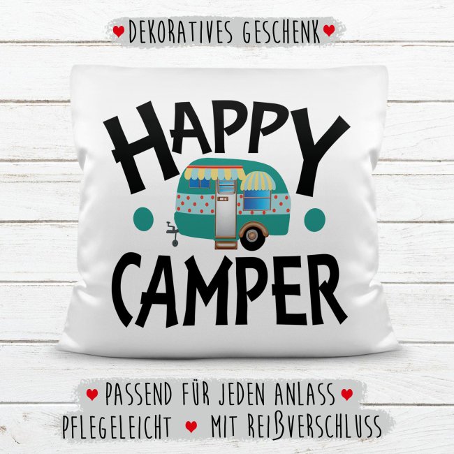 Camping Kissen - Happy Camper - Wei&szlig;