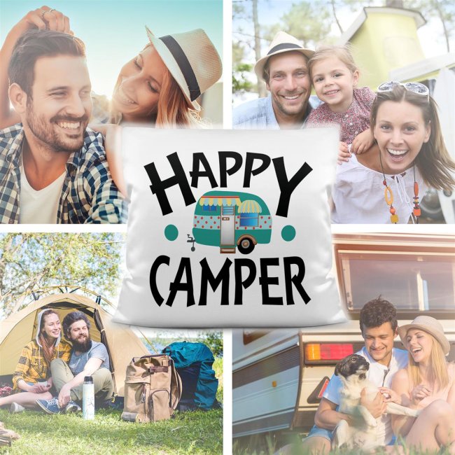 Camping Kissen - Happy Camper - Wei&szlig;