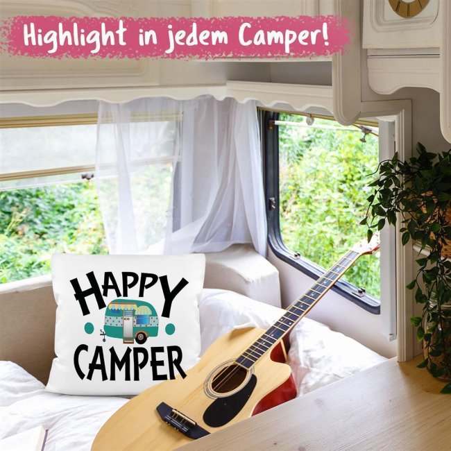 Camping Kissen - Happy Camper - Wei&szlig;