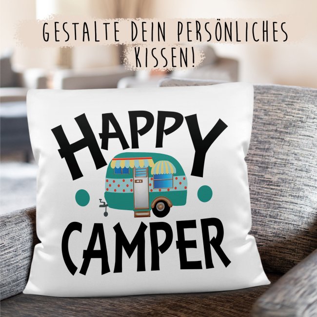 Camping Kissen - Happy Camper - Wei&szlig;