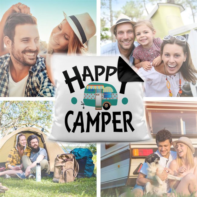 Camping Kissen - Happy Camper - R&uuml;ckseite Schwarz