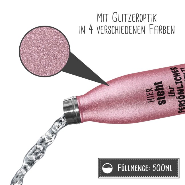 Glitzerflasche aus Edelstahl selbst gestalten - individuell mit Text - Pink - 500 ml