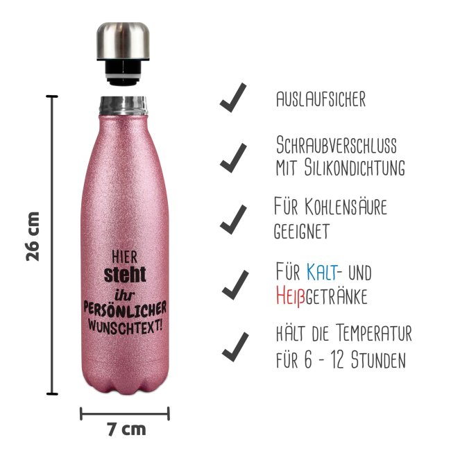 Glitzerflasche aus Edelstahl selbst gestalten - individuell mit Text - Pink - 500 ml