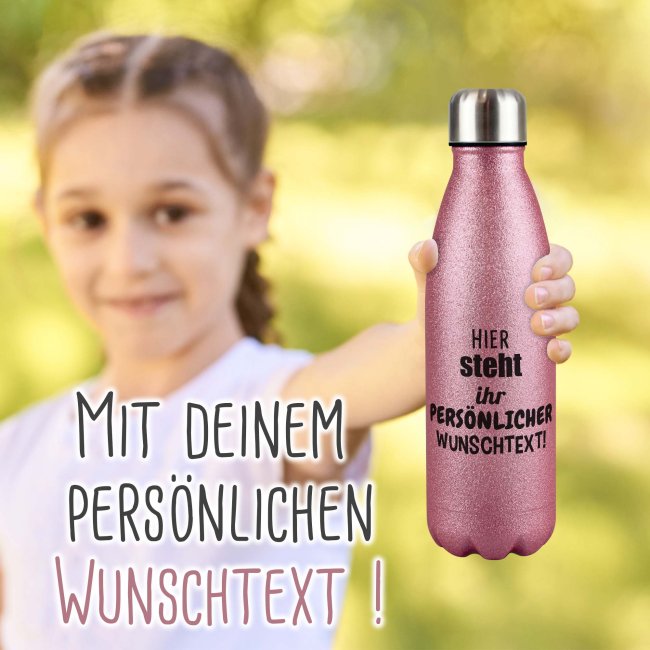 Glitzerflasche aus Edelstahl selbst gestalten - individuell mit Text - Pink - 500 ml