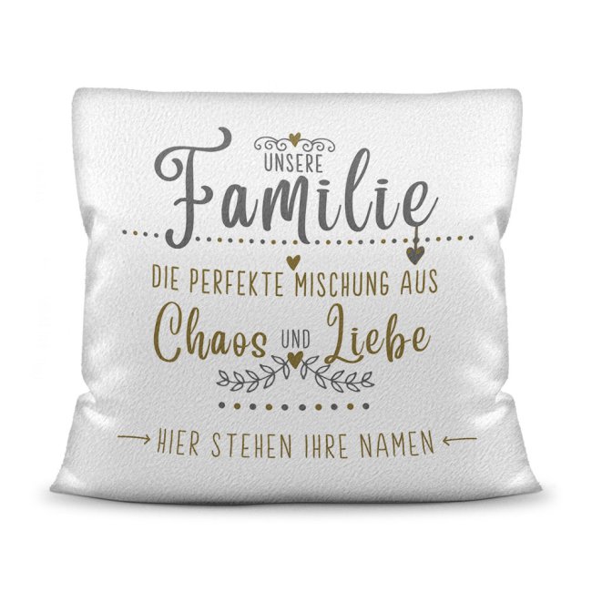 Kissen f&uuml;r die Familie mit Spruch und Wunschnamen - Wei&szlig; flauschig