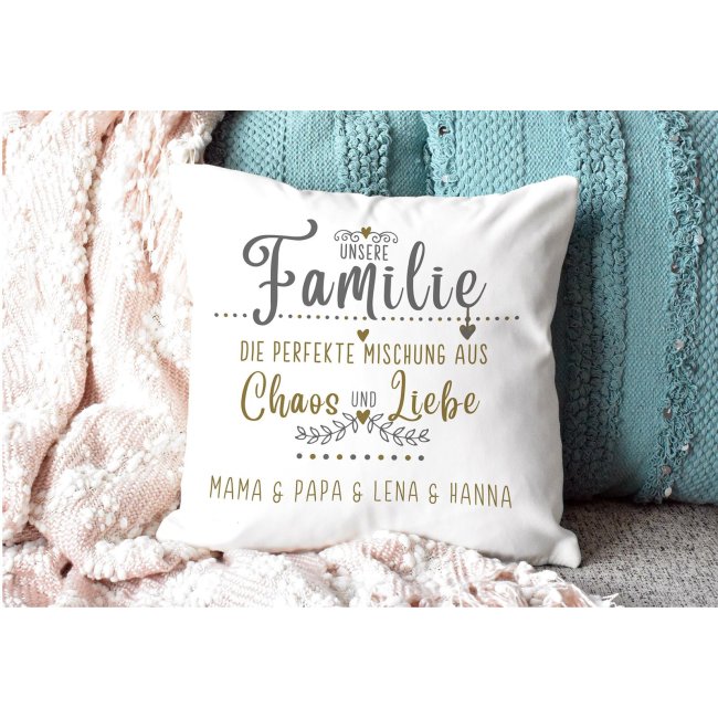 Kissen f&uuml;r die Familie mit Spruch und Wunschnamen - Wei&szlig; flauschig