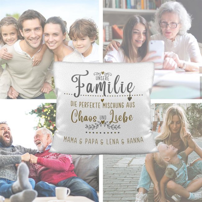 Kissen f&uuml;r die Familie mit Spruch und Wunschnamen - Wei&szlig; flauschig