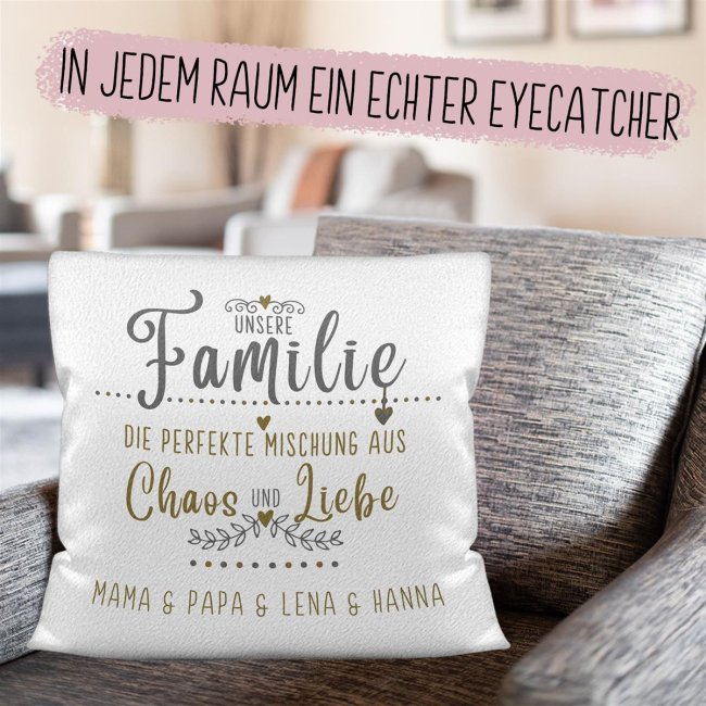 Kissen f&uuml;r die Familie mit Spruch und Wunschnamen - Wei&szlig; flauschig