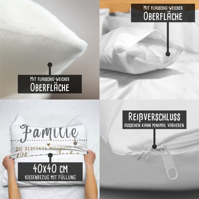 Kissen f&uuml;r die Familie mit Spruch und Wunschnamen - Wei&szlig; flauschig