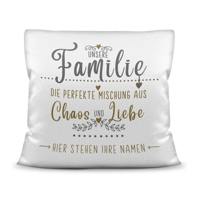 Kissen f&uuml;r die Familie mit Spruch und Wunschnamen - Wei&szlig; flauschig