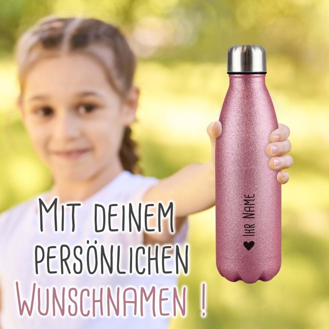 Trinkflasche aus Edelstahl mit Glitzer - mit Name und Symbol