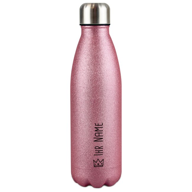 Trinkflasche aus Edelstahl mit Glitzer - mit Name - Symbol Krone - Pink