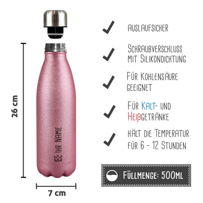 Trinkflasche aus Edelstahl mit Glitzer - mit Name - Symbol Krone - Pink