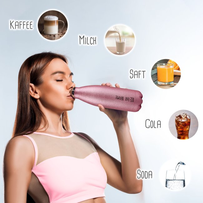 Trinkflasche aus Edelstahl mit Glitzer - mit Name - Symbol Krone - Pink