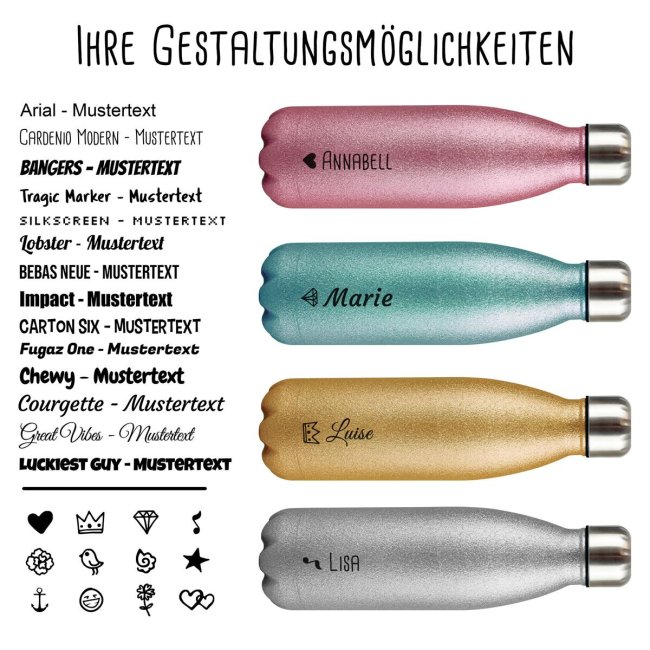 Trinkflasche aus Edelstahl mit Glitzer - mit Name - Symbol Krone - Pink