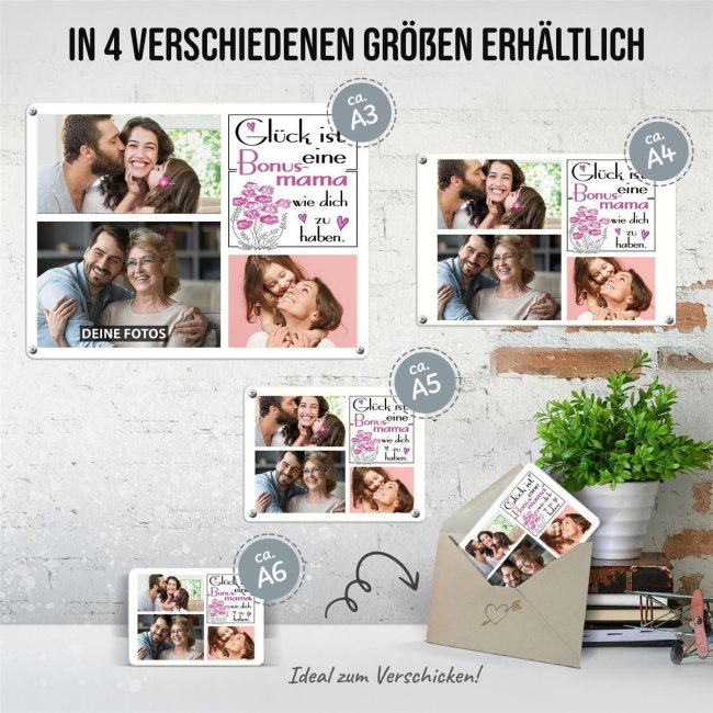 Blechschild f&uuml;r die Bonusmama - Gl&uuml;ck ist - Collage mit 3 Fotos - DIN A3