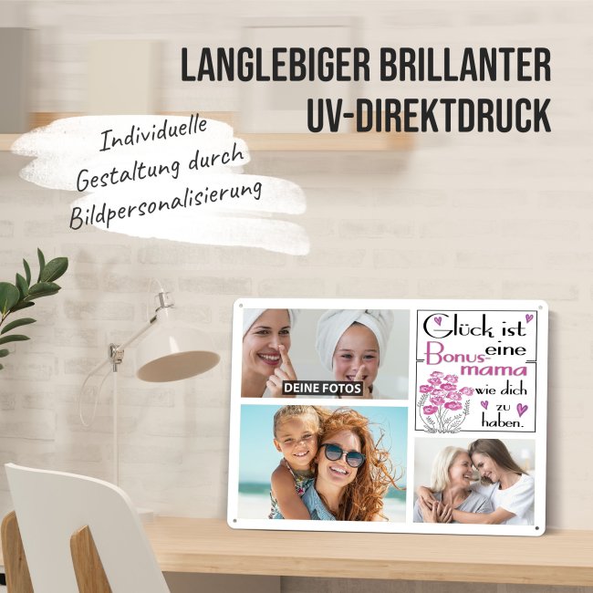 Blechschild f&uuml;r die Bonusmama - Gl&uuml;ck ist - Collage mit 3 Fotos - DIN A3