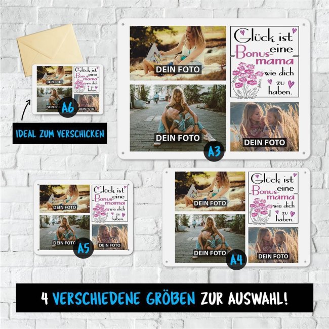 Blechschild f&uuml;r die Bonusmama - Gl&uuml;ck ist - Collage mit 3 Fotos - DIN A4