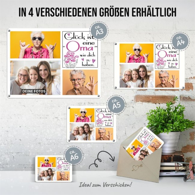 Blechschild f&uuml;r die Oma - Gl&uuml;ck ist - Collage mit 3 Fotos - DIN A3