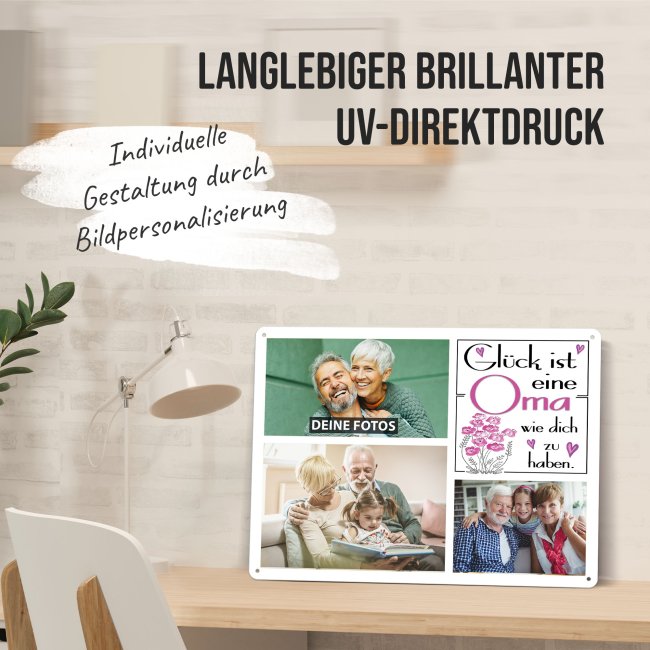 Blechschild f&uuml;r die Oma - Gl&uuml;ck ist - Collage mit 3 Fotos - DIN A3