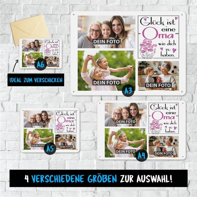 Blechschild f&uuml;r die Oma - Gl&uuml;ck ist - Collage mit 3 Fotos - DIN A4