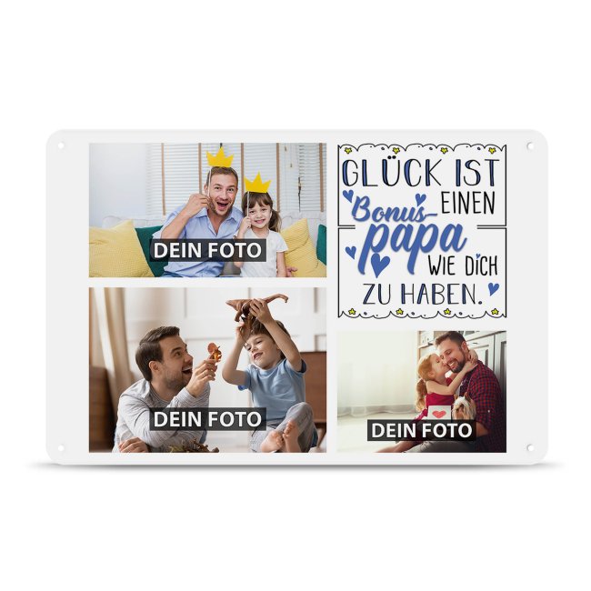 Blechschild f&uuml;r den Bonuspapa - Gl&uuml;ck ist - Collage mit 3 Fotos - DIN A4