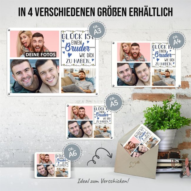 Blechschild f&uuml;r den Bruder - Gl&uuml;ck ist - Collage mit 3 Fotos - DIN A3