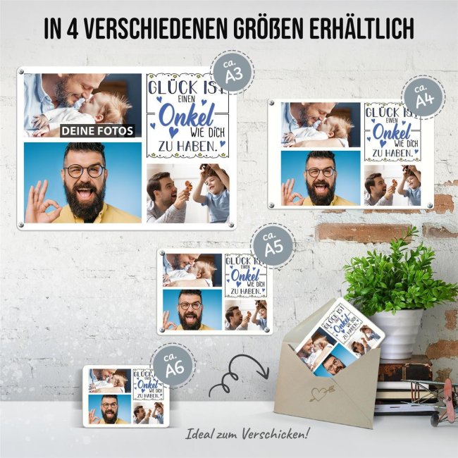 Blechschild f&uuml;r den Onkel - Gl&uuml;ck ist - Collage mit 3 Fotos - DIN A3