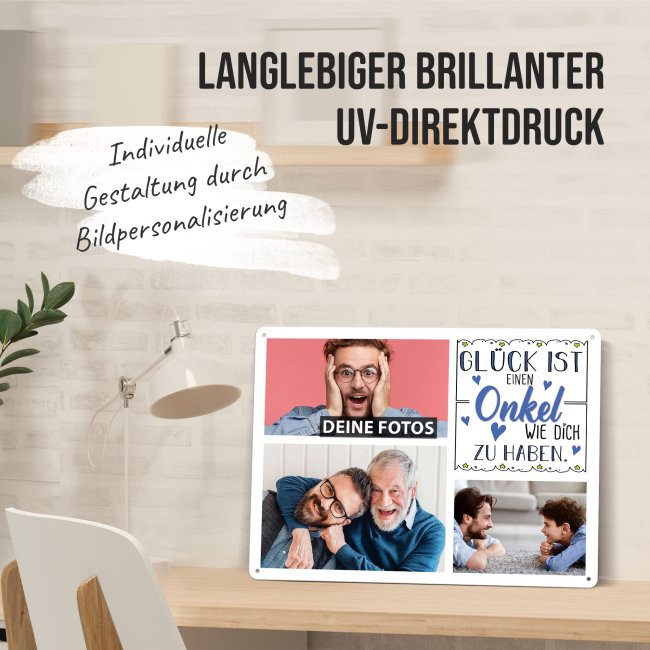 Blechschild f&uuml;r den Onkel - Gl&uuml;ck ist - Collage mit 3 Fotos - DIN A5