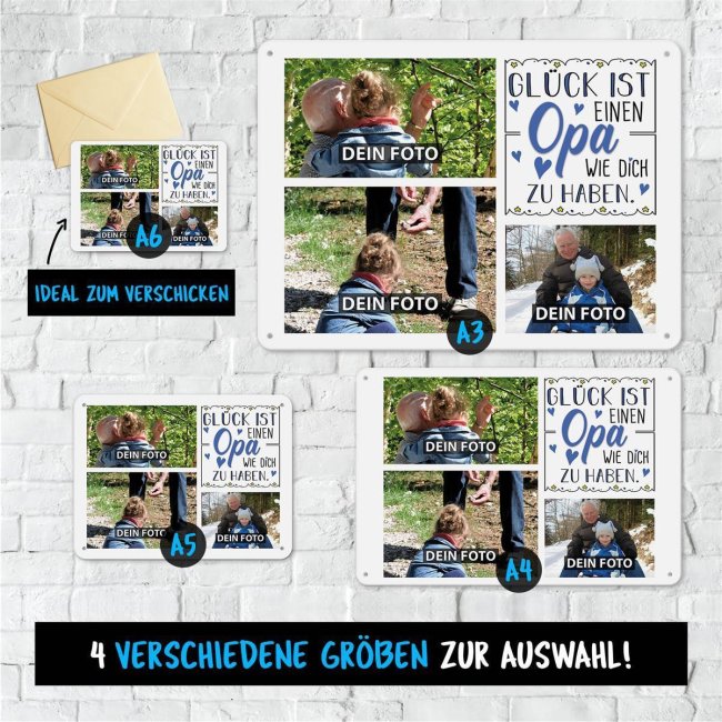 Blechschild f&uuml;r den Opa - Gl&uuml;ck ist - Collage mit 3 Fotos - DIN A4