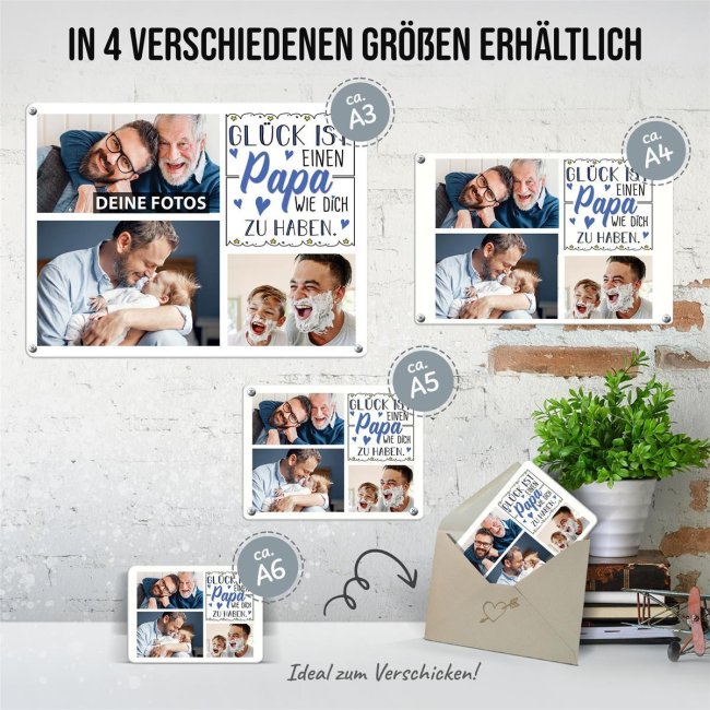 Blechschild f&uuml;r den Papa - Gl&uuml;ck ist - Collage mit 3 Fotos - DIN A3