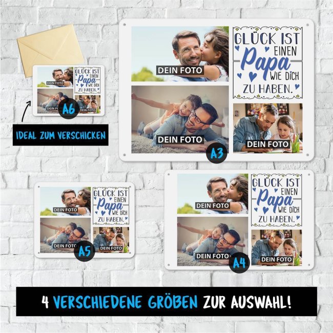 Blechschild f&uuml;r den Papa - Gl&uuml;ck ist - Collage mit 3 Fotos - DIN A4