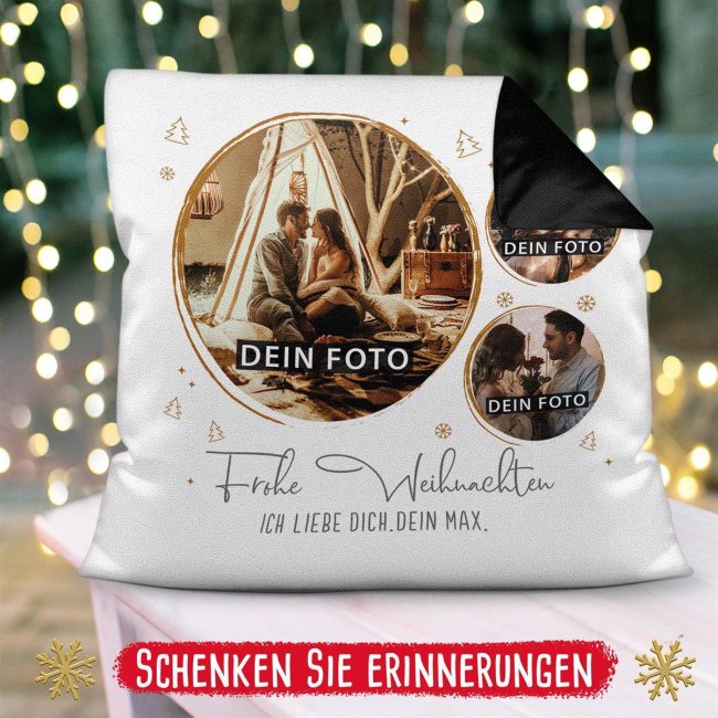 Kissen - Frohe Weihnachten - mit drei Fotos und Wunschtext