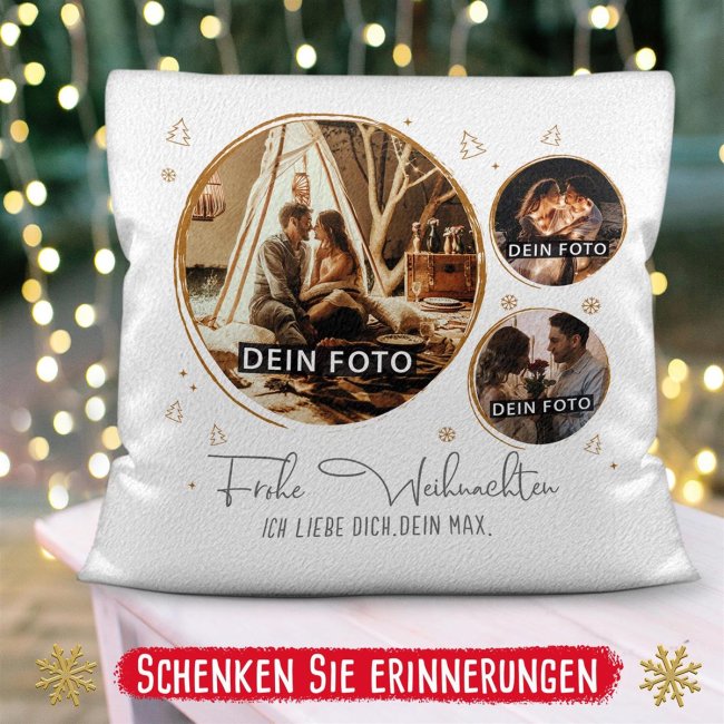 Kissen - Frohe Weihnachten - mit drei Fotos und Wunschtext - Wei&szlig; flauschig