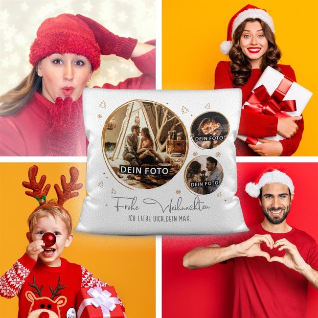 Kissen - Frohe Weihnachten - mit drei Fotos und Wunschtext - Wei&szlig; flauschig