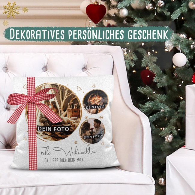 Kissen - Frohe Weihnachten - mit drei Fotos und Wunschtext - Wei&szlig; flauschig