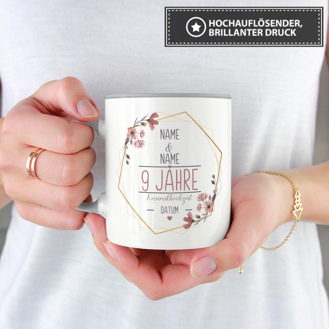 Tasse zum Hochzeitstag - mit Name &amp; Datum - 9 Jahre - Keramikhochzeit - Innen &amp; Henkel Grau